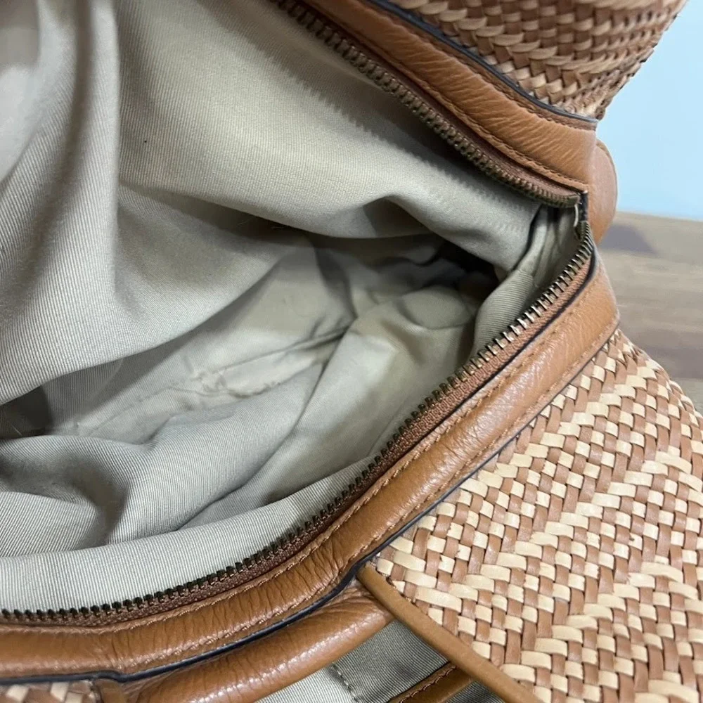 Michael Kors Brooklyn Woven Chevron Leather Shoulder Bag Tan Brown Tassel Hobo
